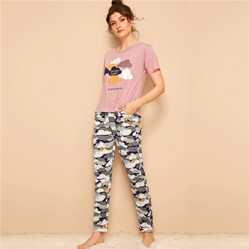 Dotfashion, летние пижамы для женщин, с принтом облаков и звезд, топ и штаны, набор,, короткий рукав, пижама, женские длинные пижамные комплекты