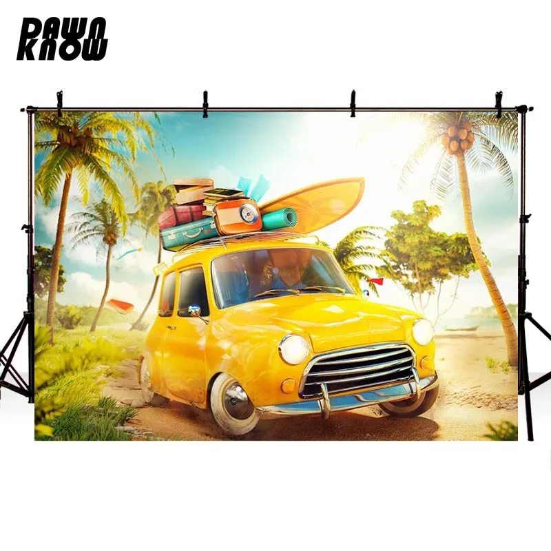 

DAWNKNOW Summer Yellow Car Photography Background For Party Photo Shoot Backdrops For Children Photo Studio Customize G564