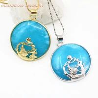 32mm blue chain stone pendant necklace stainless steel flat round circle natural jades pendants for women dragon inlay b3327
