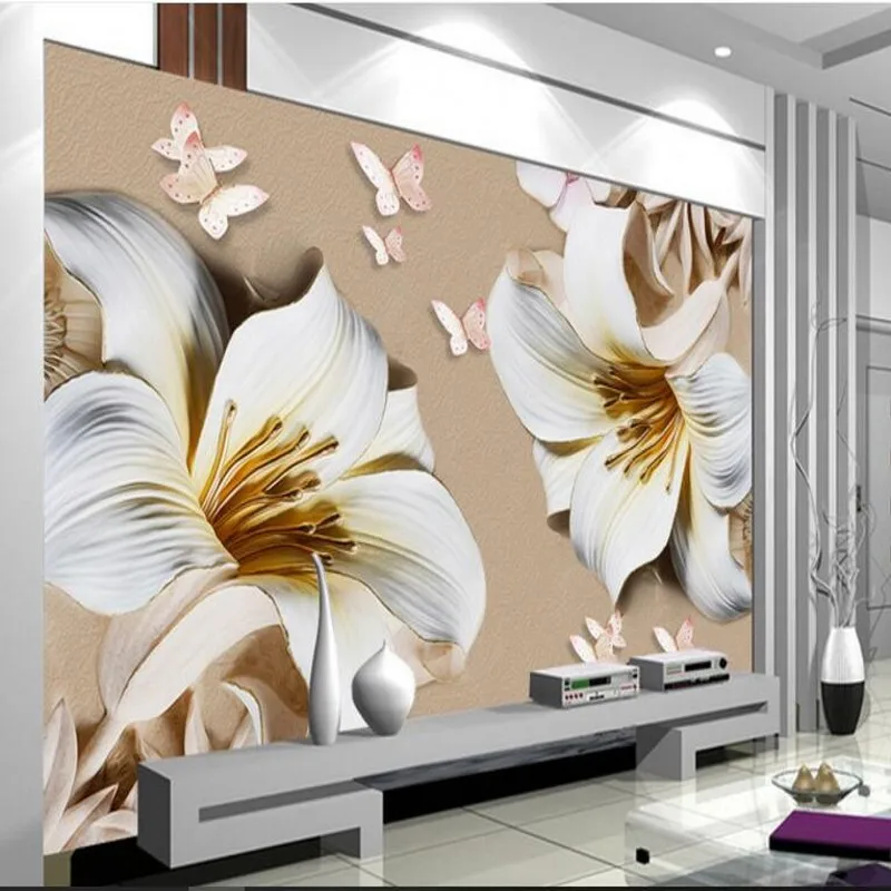 Wellyu пользовательские большие фрески высокого класса рельефные лилии Yu Lan 3d ТВ Фон