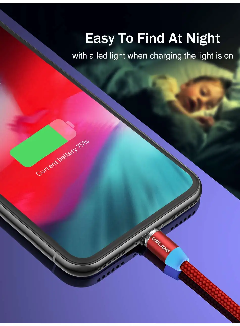 USLION 1 м Быстрая зарядка Магнитный Micro usb type-C кабель зарядное устройство для huawei P30 mate 20 Pro 3A светодиодный магнитный кабель usbc для передачи данных
