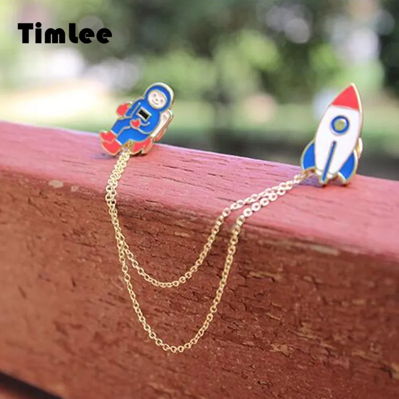 Timlee X027 Free shipping Originality Cute Drip Oil Astronaut Rocket Chain Alloy Brooch Pins Fashion Jewelry Wholesale | Украшения и