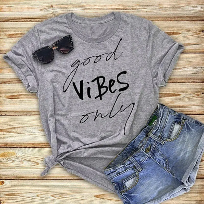 Модная футболка с буквенным принтом good Vibes only черная хлопковая Милая дышащая