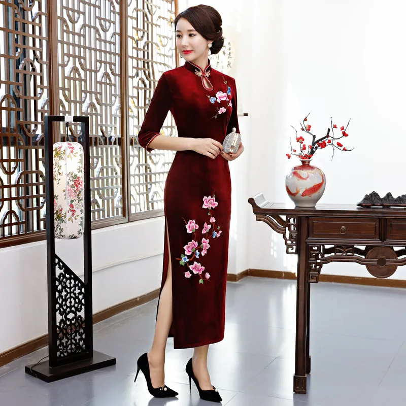 Бургундия Лилия вышивка китайский женский зимний/Auturm бархат cheongsam QiPao винтажное