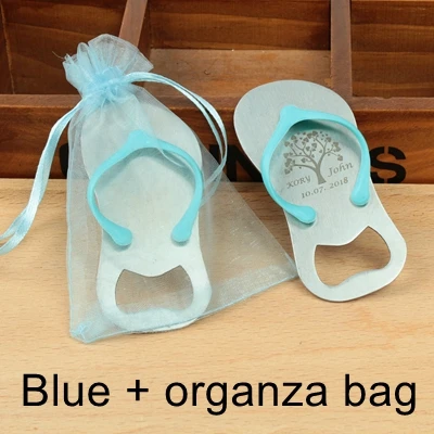 blue bag 100 шт персонализированные свадьба шлепанцы открывалка для бутылок с коробкой выгравированное имя Дата металлическая открывалка для пива свадебные подарки для гостей - Цвет: blue bag