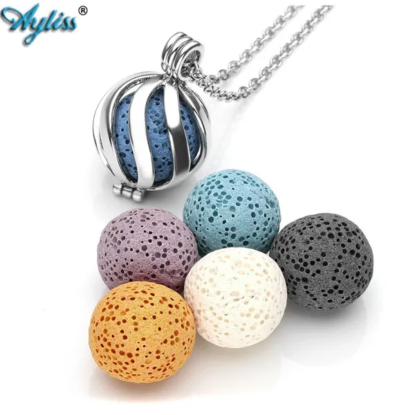 1 Set 6 Lava Stones Ayliss вулканический камень/7 шар «чакры» диффузор эфирного масла ожерелье серебристый тон ароматерапия Openable медальон кулон - Окраска металла: 1 Set 6 Lava Stones