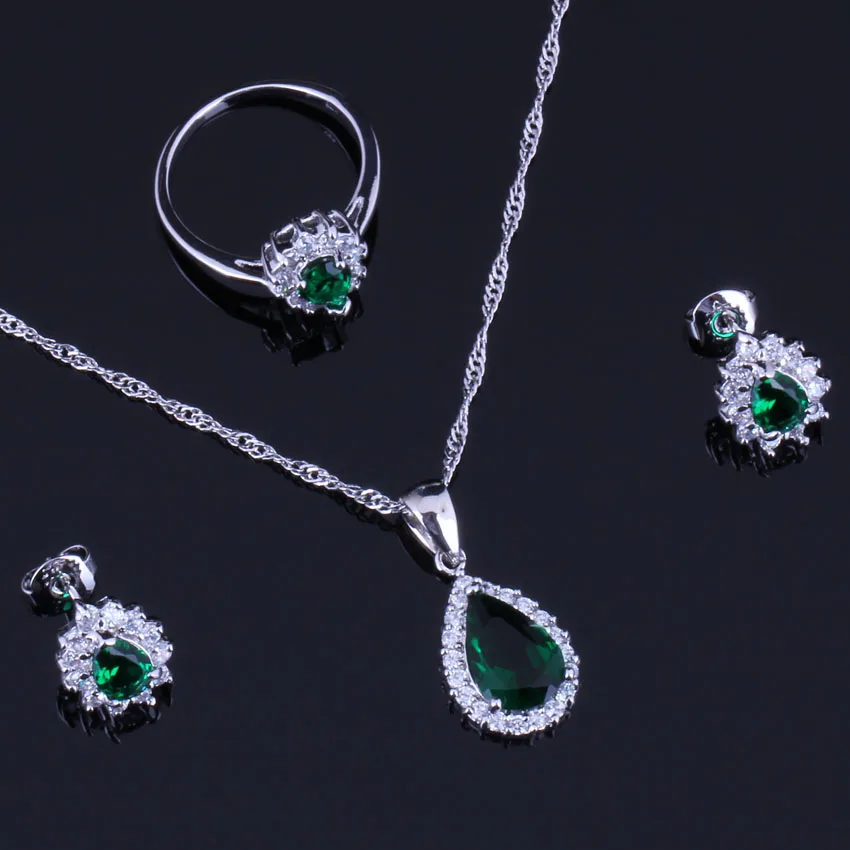 Ослепительный зеленый кубический цирконий Белый CZ посеребренный комплект
