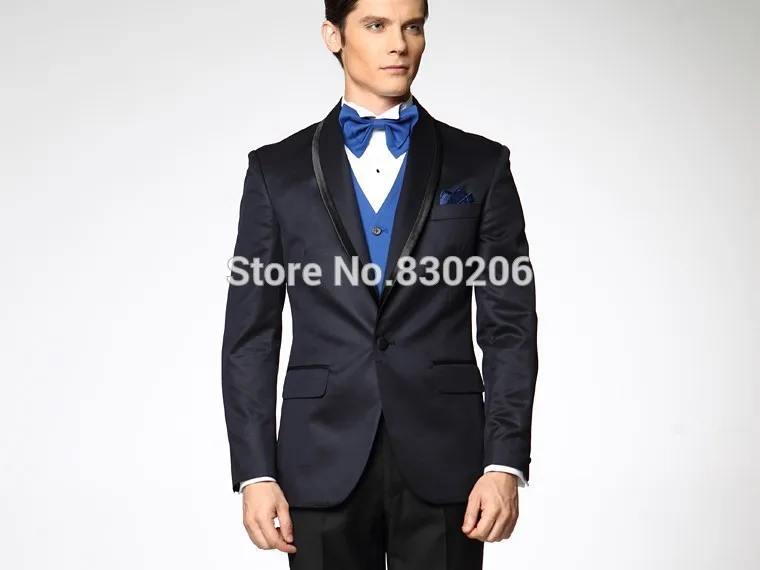 New Navy Blue Jacket Black Pants Groom 