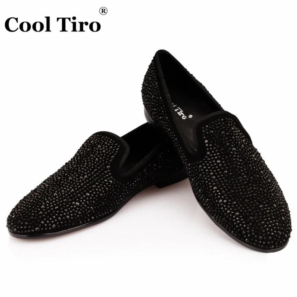 COOL TIRO Black Rhinestones Strass Loafers Men Moccasins SmokingSlippers Wedding Dress Shoes flats Casual Genuine Leather | Обувь
