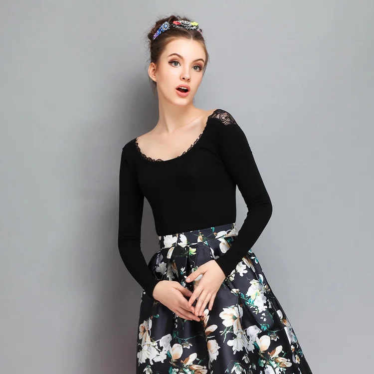 Free Shipping Women Lace Back Stitching Long Sleeve Scoop Neck Base Blouse T Shirt 695 |