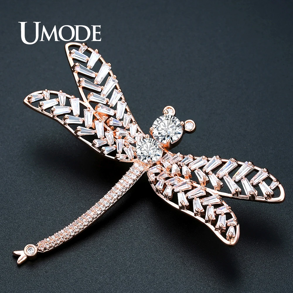 Женская брошь в форме стрекозы UMODE из розового золота с крупными фианитами и