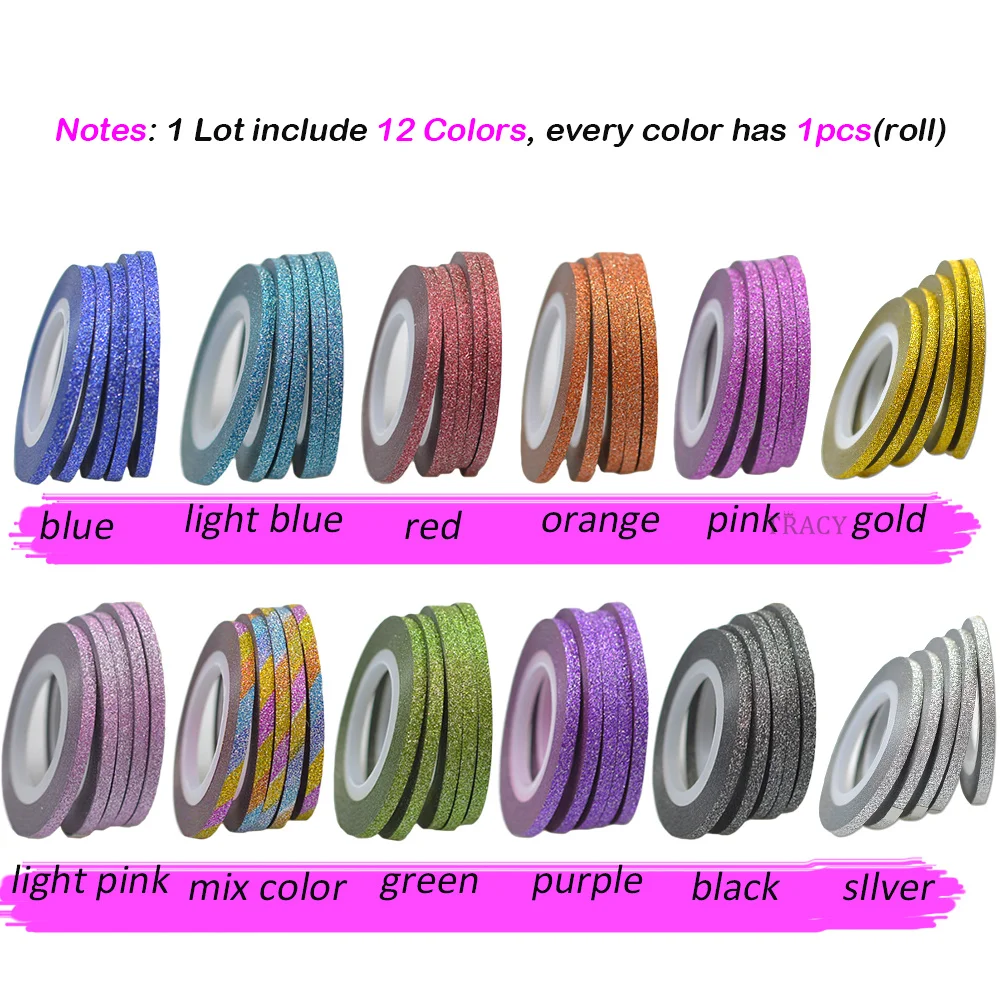 12 цветов 3 мм рулоны с блестками для нейл-арта клейкая лента накладки на ногти