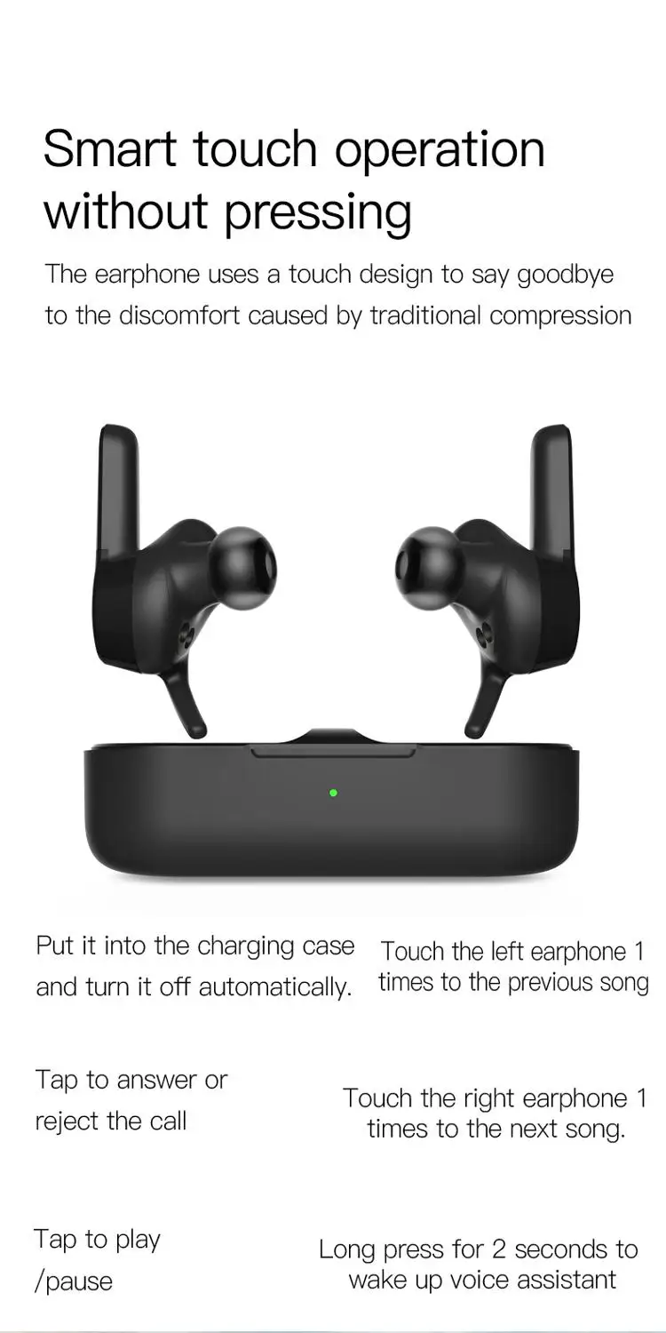 TWS беспроводные Bluetooth наушники V5.0 с сенсорным управлением спортивные беговые 3D