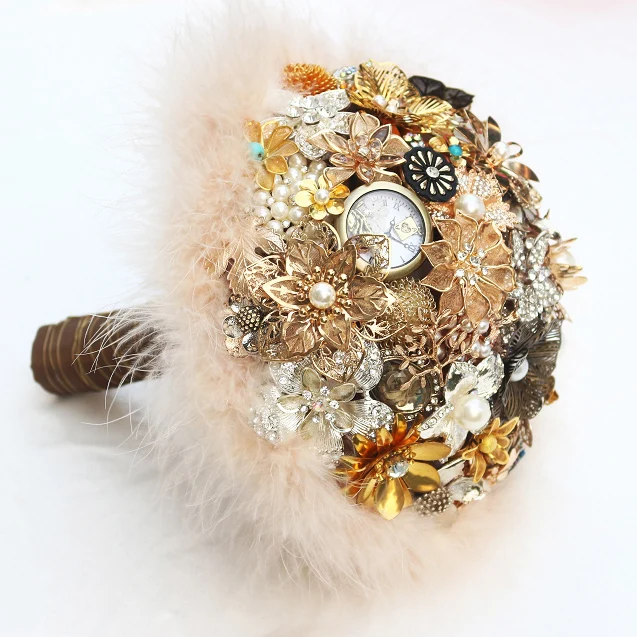 Brown &amp Gold Vintage Bridal brooch bouquet Feathers decorated wedding bouquets Bride | Свадьбы и торжества
