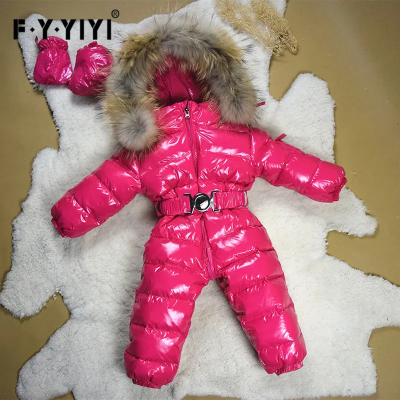 hot pink 2 Детский комбинезон с воротником из меха енота, теплая зимняя одежда Зимняя верхняя одежда для маленьких девочек и мальчиков, От 0 до 5 лет Детские зимние комбинезоны - Цвет: hot pink 2