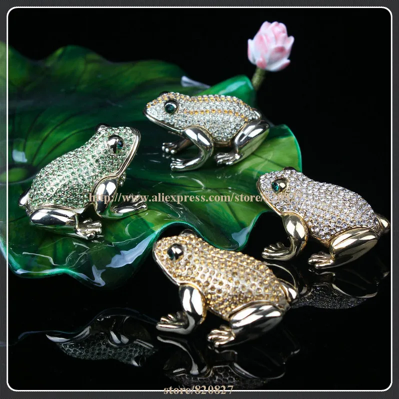 Frog Shape Metal Crystal Rhinestone Jewelry Box Gorgeous Frog Jewelled Trinket Box with Inlaid Crystal, Pill Box Figurine