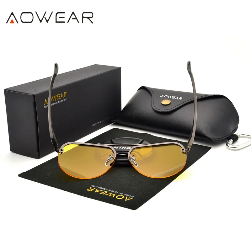 AOWEAR HD очки ночного видения мужские Поляризованные авиационные желтые солнцезащитные очки для ночного вождения очки водительские антибликовые солнцезащитные очки
