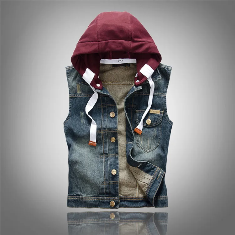 

Brand New Men Slim Cwboy Denim Vests M/5Xl Removable Cap Jeans Sleeveless Jeans Jacket Sngle Breasted Slim Vests Waistcoat J1304