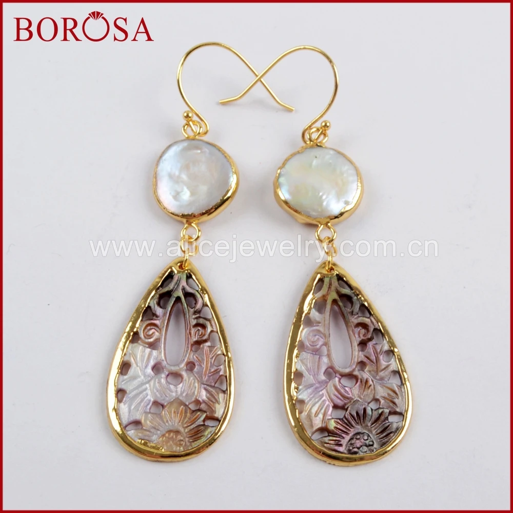 

BOROSA 3/5Pairs Gold Color Round White Natural Freshwater Pearl & Teardrop Shell Carved Earrings Charm Dangle Earrings G1596