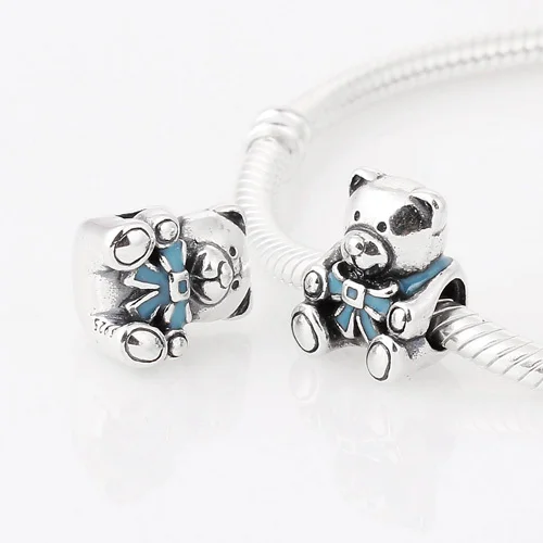 Плюшевый мишка с голубым бантом Fits EU торговая марка браслет шармами 925 серебряные