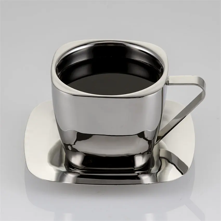 150ml 90/150/240ml Stainless Steel Coffee Cup Set Double Anti-hot Insulation Cups Creative Square Tea Cup and Saucer Milk Mug - Цвет: 150ml