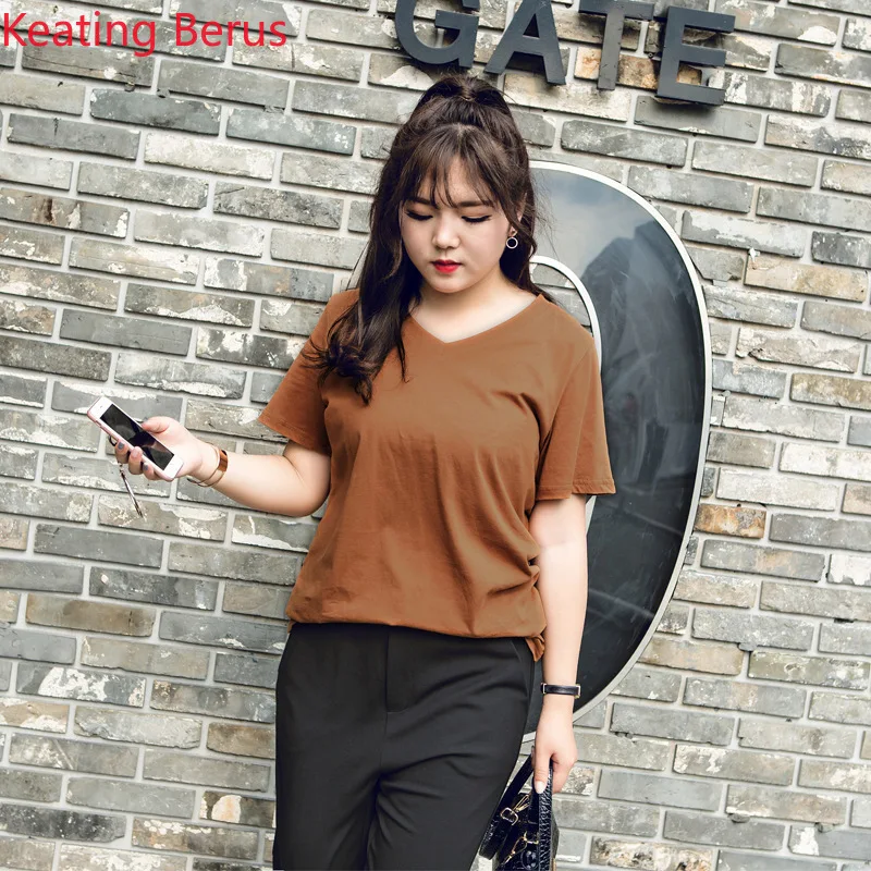Keatingberus Women's Large Size Summer Short-sleeved Solid Color shirt Loose 7 5XL Top 0683 |