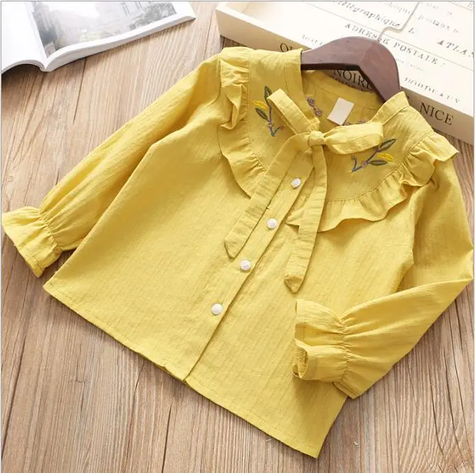 Осенняя блузка для маленьких девочек рубашка с белыми оборками и вышивкой топы