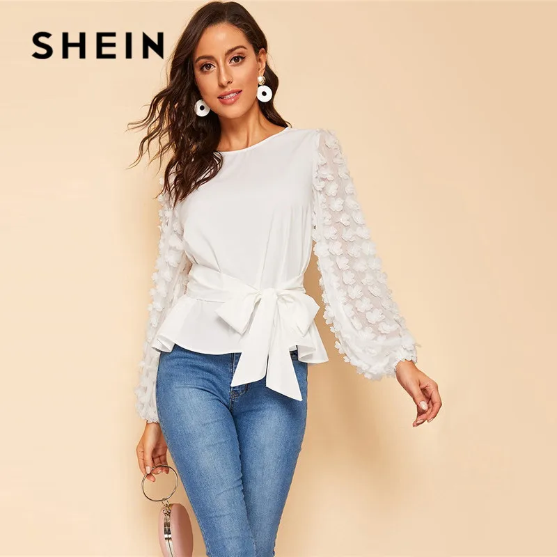 SHEIN белая блузка с аппликацией и рукавом-фонариком, женские топы, весенние элегантные топы с длинным рукавом и круглым вырезом, однотонные топы и блузки
