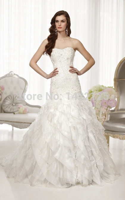 2015 Popular A line Strapless Essense Wedding Dresses D1559 Lace Up Appliques Beads Pleat Backless Chapel Train Bridal Gowns | Свадьбы и