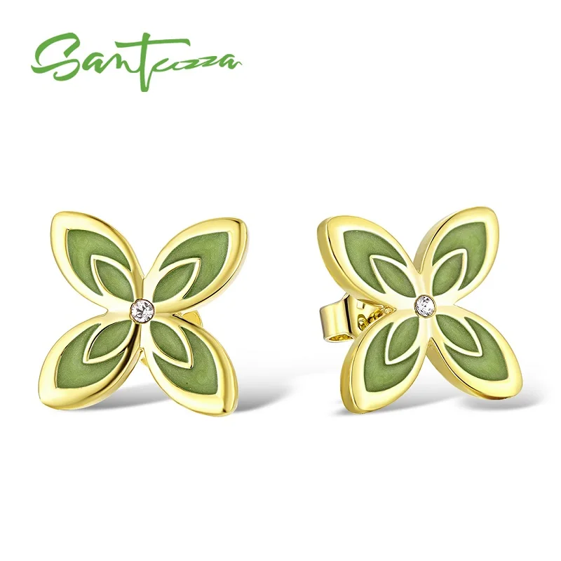 Yellow Gold (Green) Женские серьги в виде цветка SANTUZZA, элегантные Разноцветные серьги в виде цветка, сверкающие кристаллы, Модные Винтажные Ювелирные изделия ручной работы, эмаль - Окраска металла: Yellow Gold (Green)