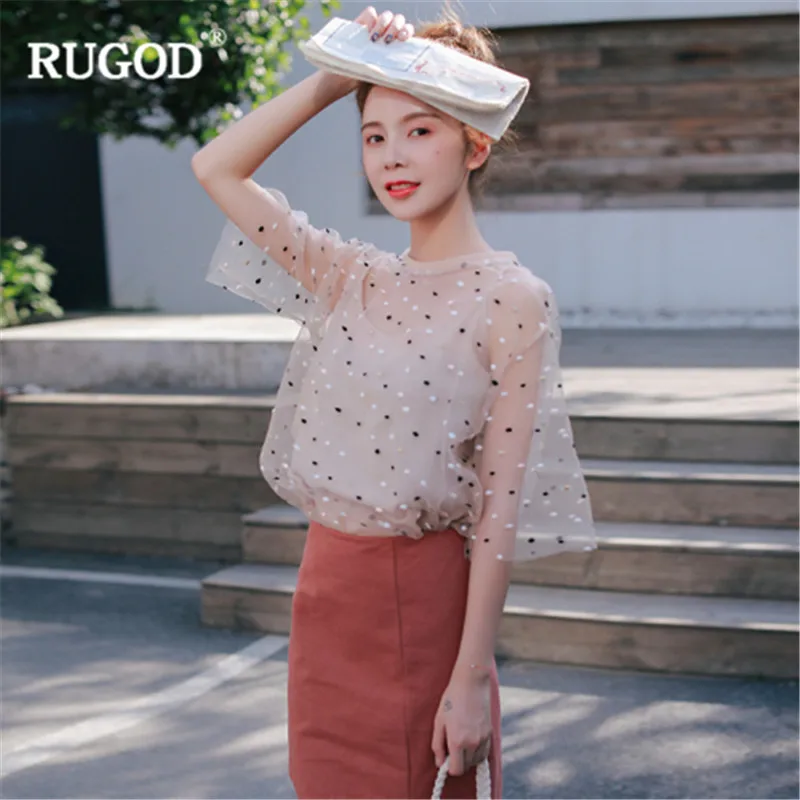 Женская футболка RUGOD летняя прозрачная Сетчатая с коротким рукавом и блестками 2