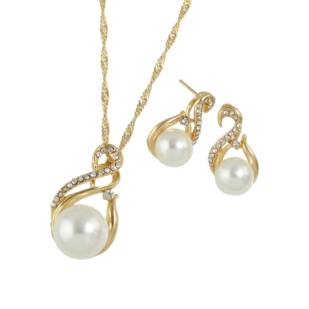 Newindy Jewelry Gold-Color Silver Color Chain With Rhinestone and Simulated Pearl Pendant Necklace Stud Earring Bijoux Femme | Украшения и