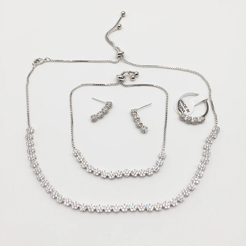 Nankiya Classic Micro Paved Cubic Zirconia Adjustable Choker Jewelry Set Necklace Bracelet Earring For Women Sliver G NC451 | Украшения и