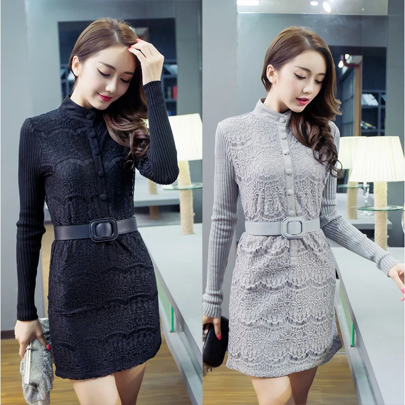 Осень и зима платье корейской шить кружевной воротник тонкий пакет бедра