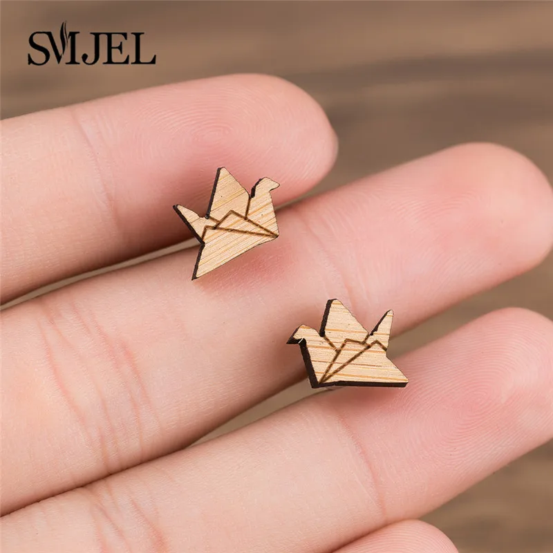 SMJEL Geometric Wooden Earrings Tiny Paper Crane Bird Stud Ear Jewelrys Women Accessories pendientes mujer moda 2018 | Украшения и