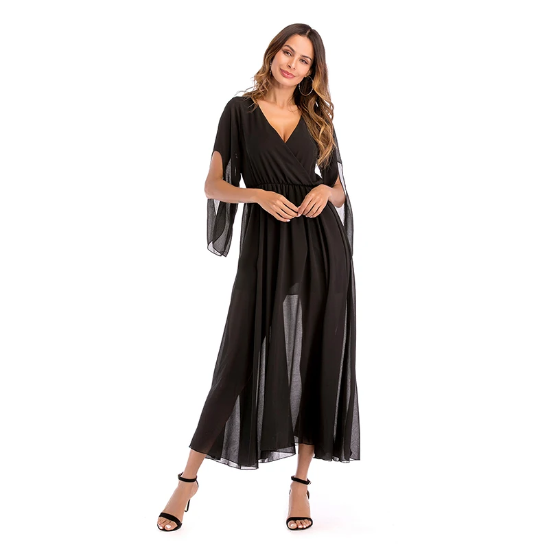 SimAi Sexy V-Neck Solid Color Long Women Dress 2018 Summer Plus Size Beach Elegant Casual Chiffon A-Line | Женская одежда