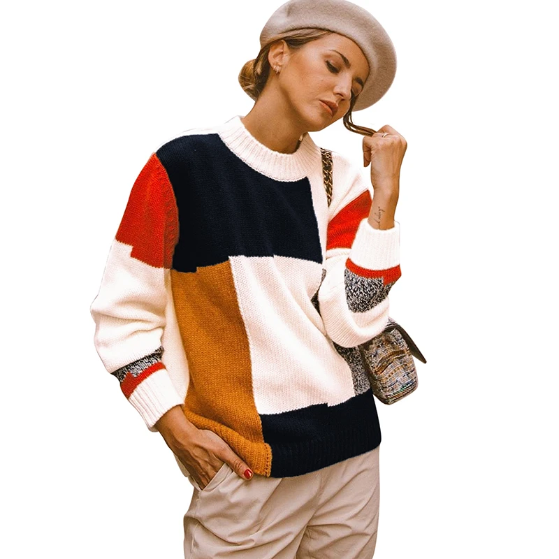 Romacci Warm Winter Sweaters and Pullovers Autumn Women Knit Sweater Multicolor Block O-Neck Long Sleeve Loose Casual Pullover | Женская