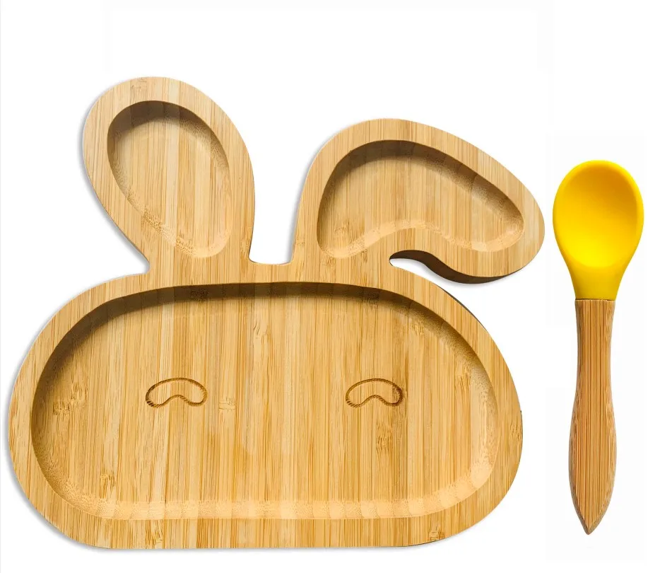YellowPlateandSpoon Миска на присоске из бамбука и силикона, детская Тарелка на присоске, Бамбуковая посуда для кормления детей, миска для кормления ребенка - Цвет: YellowPlateandSpoon