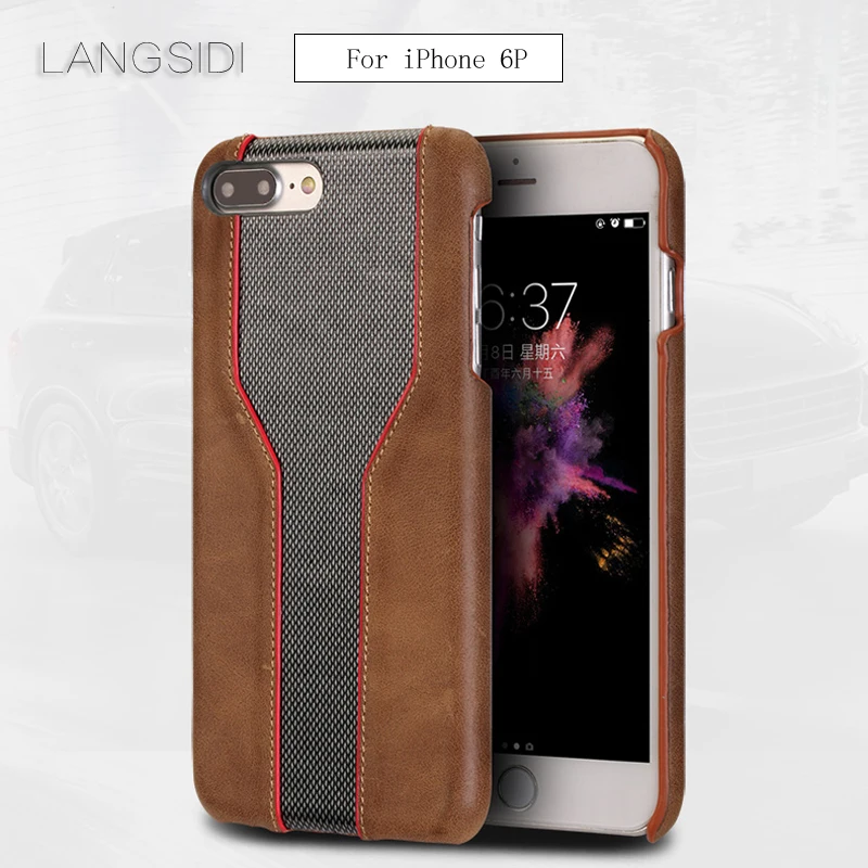 

LANGSIDI For iPhone 6 Plus case handmade Luxury cowhide and diamond texture back cover to send 2PCS phone glass steel film