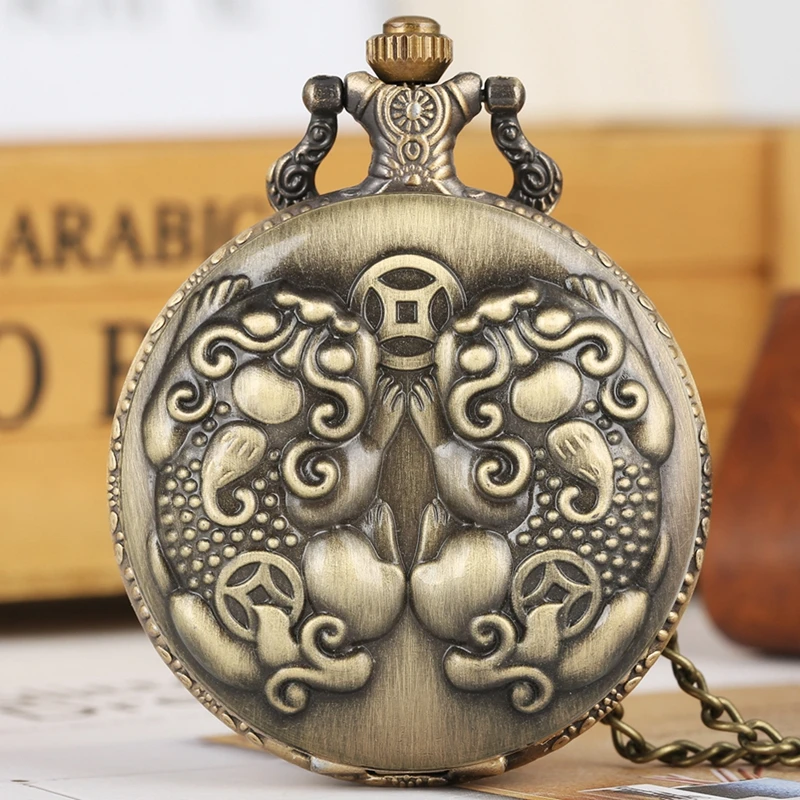 

Mythical Wild Animal Brave Troops Quartz Pocket Watch Retro Bronze Cool Necklace Pendant Clock For Men Women With Chain Reloj