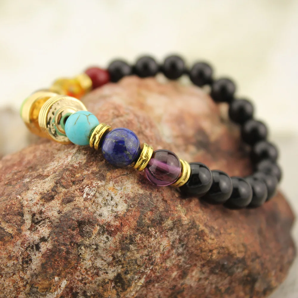 Натуральный черный Лава камень браслет 7 Исцеление чакры в рейки баланс бусины