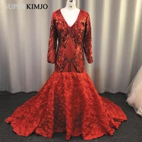 superkimjo modest evening dresses long sleeve v neck elegant red sparkle formal dresses 2019 abiti da cerimonia da sera