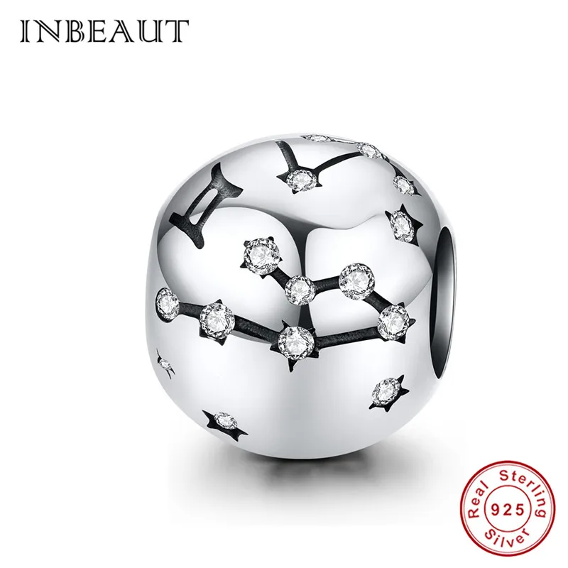 INBEAUT 925 пробы Серебряный Белый CZ 12 бусины с созвездиями браслет Пандора Овен Дева Скорпион Телец талисманы