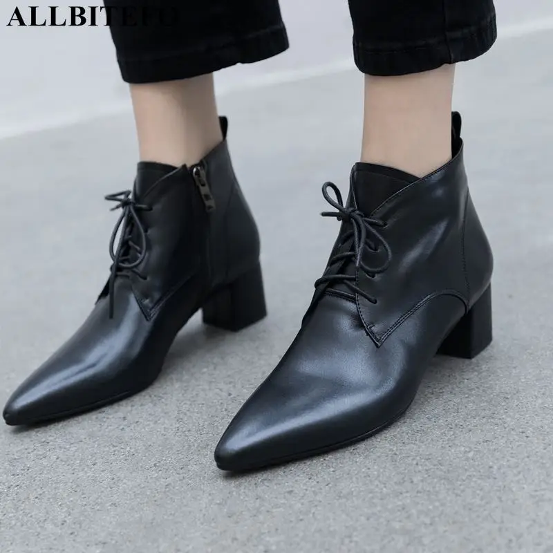 ALLBITEFO fashion retro genuine leather pointed toe high heels women boots ankle boots for women leather boots girls shoes