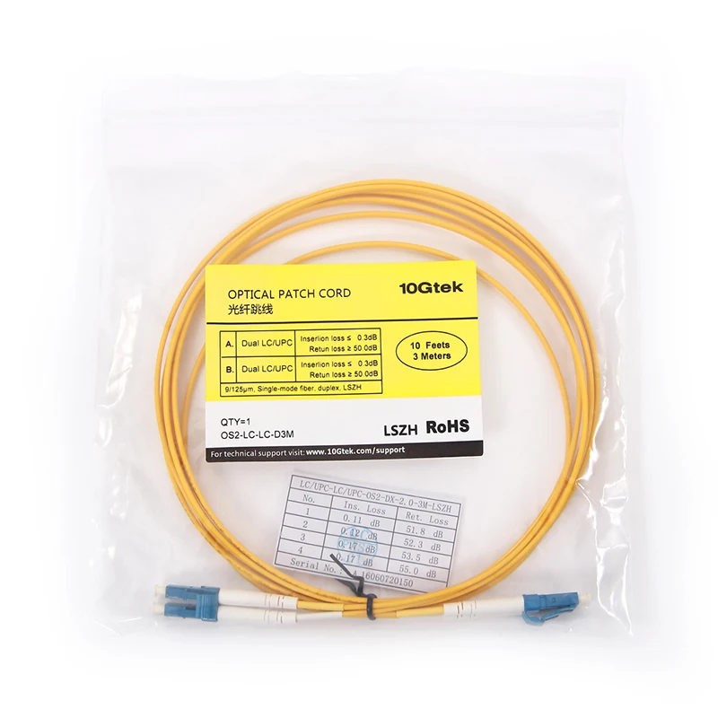 10Gtek LC-LC 3-метровый (10 футов) волоконный патч-корд OS2 одномодовый оптический кабель