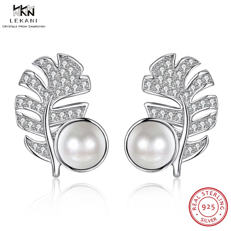 LEKANI/серьги гвоздики с кристаллами Swarovski серьги жемчугом в виде листьев 925 пробы