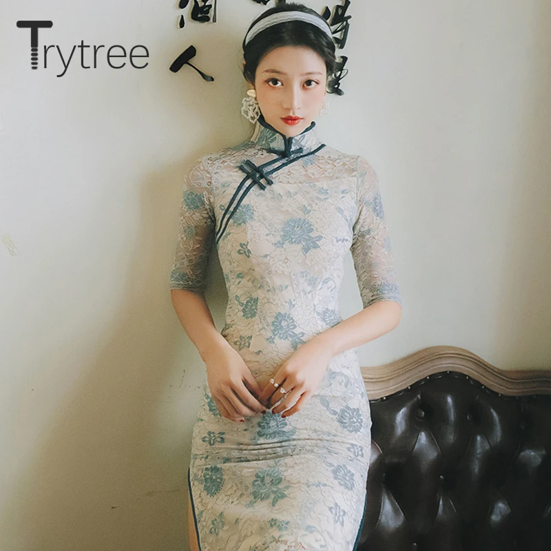 Летнее женское платье Trytree 2020 повседневные элегантные кружевные платья Ципао с