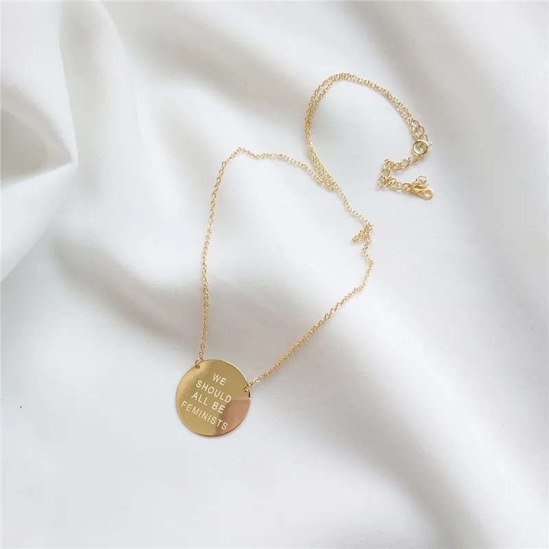 

Jsmpfy 100% 925 Sterling Silver Round Plate Pendant Necklaces We Should All Be Feminist Necklace For Women Fine Jewelry