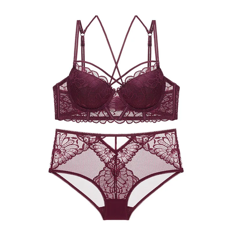 Wine Red Varsbaby, сексуальное кружевное нижнее белье с эффектом пуш-ап, красивое нижнее белье с y-образными лямками на спине, комплект из бюстгальтера и трусиков с чашечками 3/4 - Цвет: Wine Red