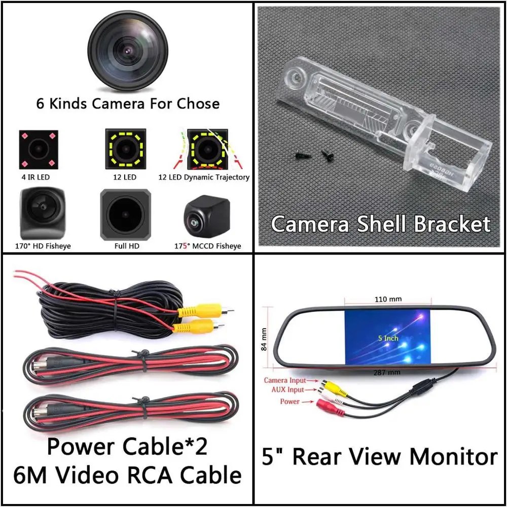 Camera 5 inch Mirror 175 градусов MCCD рыбий глаз 12LED HD камера заднего вида для Volkswagen VW Passat B6 CC Touran Caddy Golf Plus Touareg 2009 2010 автомобиля - Название цвета: Camera 5 inch Mirror
